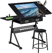 Yaheetech Art Craft Table Drawing Table Height Adjustable Drafting Desk Work Station with Tiltable Tabletop w/Stool and 2 Storage Drawers for Reading, Writing,Studying