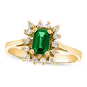 Emerald-Cut Emerald and 0.13 CT. T.W. Natural Diamond Starburst Frame Ring in Solid 14K Gold