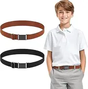 [TIESOME] 2PCS Adjustable Kids Elastic Belts, Stretch Waist Belts Black Metal Square Buckle Boys Belt for Pants Jeans Uniform