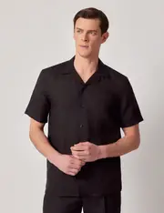 Hawes & Curtis Black Pure Linen Slim Shirt | Short Sleeve | Revere Collar Size: XL