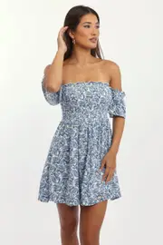 Blue Paisley Mini Dress Off Shoulder - Size 16XL, Women's Skater Dress