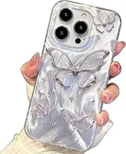 ELEPIK Shiny Fade Series for iPhone 14 Pro Max Case, [Unique Laser Design] Glitter Cute Fade Pattern Slim Soft TPU Protective Women Girl's Phone Cover, Silver Butterfly