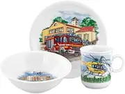 Seltmann Weiden 001.774989 Compact Blaulicht 3-Piece Children's Set, Plate (19 cm), Bowl (16 cm) and Handle Cup (250 ml) for Children, Porcelain, Multi-Coloured