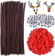 TUPARKA 650 Pcs Christmas Reindeer DIY Craft Set, Including 70 Pcs Brown Pipe Cleaners Chenille, 320 Pcs Googly Eyes, 260 Pcs Red Pom Poms Pompoms Red Noses for Craft