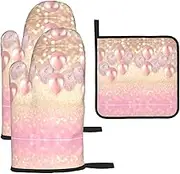 Pink Glitter Balloon Print Heat Resistant BBQ Gloves Oven Mitts and Pot Holders Set for Kitchen Baking Set