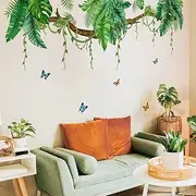 NXUEBDU Peel and Stick Wall Decals, Tropical Palm Leaves Wall Murals, Green Plant with Butterfly Wall Sticker for Nursery Bedroom Living Room Wall Decor
