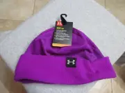 UNDER ARMOUR YOUTH/GIRLS WINTER BEANIE HAT NWT $25 PURPLE W/UA PATCH & CUFF SOFT