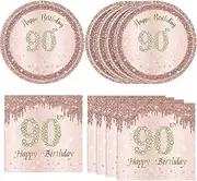 40PCS 90th Birthday Decorations for Women - Rose Gold Theme Tableware, Plates, Napkins - Vintage 1933 Party Supplies for 90 Year Old Women