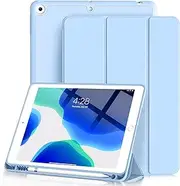 Aoub Case Compatible with iPad 10.2 Inch 2021/2020 iPad 9th/8th Generation & 2019 iPad 7th Generation with Pencil Holder, Protective Case with Soft TPU Back, Auto Sleep/Wake Cover, (Light Blue)
