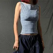 Boat Neck Plaid Open Back Crop Tank Top Blue - M