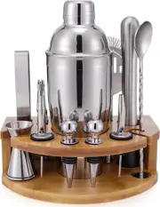 Bartender Kit with Bamboo Stand, 12 Piece 25oz Cocktail Shaker Set Silver
