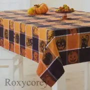 Celebrate Halloween Orange Black Pumpkin Cats Jacquard 60x102 Oblong Tablecloth