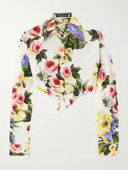 [Dolce & Gabbana] Dolce & Gabbana - Cropped Tie-front Floral-print Cotton-poplin Shirt - White - IT46 IT 46 White