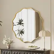 [VooBang] Gold Scalloped Circle Mirror, 20" Wavy Edge Round Wall Mirror with Tempered Glass Textured Circular Metal Deep Frame, Hanging Leaning for Bathroom, Hallway, Entryway, Livng Room