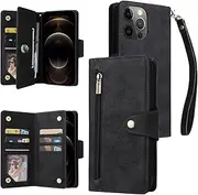 YocoverTech for iPhone 12 Pro Max Case,for iPhone 12 Pro Max Wallet Case[6 Card Slots and 1 Zipper Coin Pocket] PU Leather Stand Flip Cover with Wrist Strap[6.7 inch]-Black