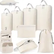 TRMFUSA Compression Packing Cubes 8 Set, Suitcase Organiser Bags, Travel Cubes for Suitcases, Luggage Organiser Packing Bags, Flight Cruise Holiday Essentials (Beige)