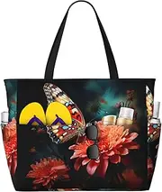 [Ghjkfbf] Flower And Butterfly Print Large Capacity Beach Travel Bag For Family, Beach Tote Bag For Women With Zipper Pockets, Black, One Size