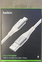 Belkin BOOST CHARGE Braided USB-A to USB-C Cable, 6.6 ft / 2m - White