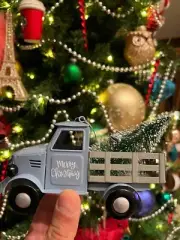 Blue Merry Christmas Old School Truck Ornament with Flocked Bottle Brush XMAS