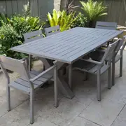 Aged Teak look Tahitian 2.1m Aluminium Dining Setting with Santorini Chairs - Outdoor Aluminium Dining Settings