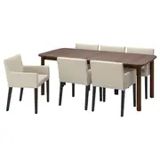 STRANDTORP / MÅRENÄS table and 6 armchairs, brown/black Gunnared beige, 150/205/260 cm