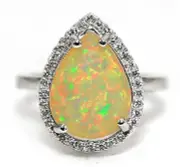 Natural Fire Opal & White Topaz 925 Solid Sterling Silver Ring Jewelry Sz 6