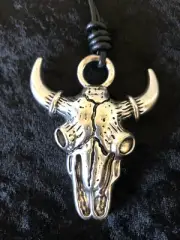 Large 3" Silver Bull Skull Head Pendant Necklace on a 32-35" Black Leather Cord