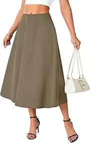 [Rooscier] Women's Basic High Waist Elastic Back Zipper Side Flare A-Line Midi Skirts, Khaki, Medium