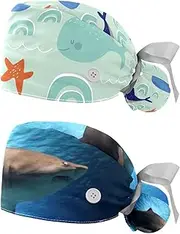 [WOSHJIUK] Working Hat 2 Pack Scrub Caps for Women,sea Wave Whales Cute,Tie Back Cap Adjustable Scrub Hat
