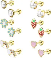 [Sanfenly] 6Pairs Stainless Steel Stud Earrings 18G Flat Back Stud Earrings for Women Girls Tiny Cartilage Earrings Heart Flower Strawberry Rainbow Pearl Hypoallergenic Flatback Earrings Piercing Jewelry