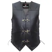 RIDERACT® Adjustable Leather Motorbike Vest Black with Antique Clasps Closure