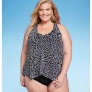 Aqua Green - Women's UPF 50 Mesh Overlay Tankini Top - Black/White - 1X