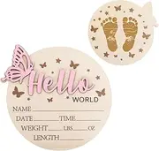Whaline Hello World Newborn Sign Butterfly Star Baby Announcement Sign Cute Newborn Birth Wooden Board Milestone Card for Birthday Baby Shower Photo Prop Keepsake