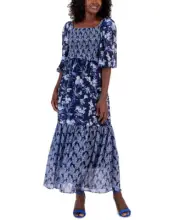 Taylor Women's Mixed-Print Smocked Tie-Back Dress (Navy/Blue, 14)