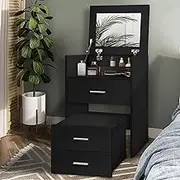 Alfordson Vanity Desk Dressing Table with Hidden Stool, Small Makeup Desk with Foldable Mirror and Multi Drawers, Corner Bedside Dressing Desk Chair Set for Bedroom Dressing Room, Black