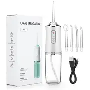 Oral Irrigator Portable Dental Water Flosser USB Rechargeable Water Jet Floss Tooth Pick 4 Jet Tip 220ml 3 Modes IPX7 1400rpm white