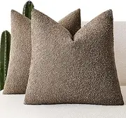 Pack of 2 Textured Boucle Throw Pillow Covers Accent Solid Decorative Pillow Cases Cozy Woven Couch Cushion Case for Chair Sofa Bedroom Living Room Home Decor 20x20 Inch Light Brown