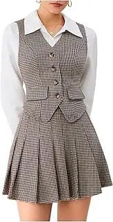 [Milumia] Women's 2 Piece Outfit Plaid Vest Blazer and Pleated Skirt Suit Sets