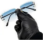 [Street Knitted] Luxury Unisex Square Rimless Gem Cut Trendy Retro 90's Hip Hop Hand Carved lens Baby Blue Tint Lens Gold Wire Frame Sun Glasses Frameless Rectangle Summer Shades Sunglasses For Men And Women, Blue,,