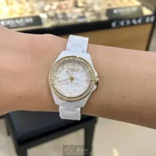 COACH 蔻馳女錶 26mm 白圓形陶瓷錶殼 白色中三針顯示, 浮雕錶面款 CH00193