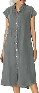 [Suvoiier] Women’S Button-Down Loose Dress With Pocket Cotton Linen Dress Casual Solid Buttoned Cover UP Shirt Dress