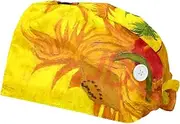 [WOSHJIUK] Working Hat 2 Pack Scrub Caps for Women,Art Style and Sunflower,Tie Back Cap Adjustable Scrub Hat