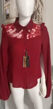CAVALLI By ROBERTO CAVALLI Gorgeous Red Chiffon Lace Women Blouse/ SZ 14 NWT