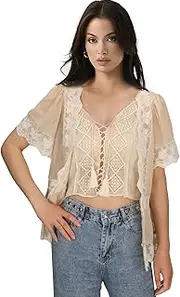 [Mokkin] Adult Women Daisy Lace Bohemian Cardigan Summer Floral Fringe Ruffle Short Sleeve Kimono Crochet Sheer Shrug Crop Top