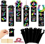 AUGSUN 96pc St. Patrick's Day Craft Kit for Kids: Rainbow Scratch Art Bookmarks, DIY Party Favors & Decorations