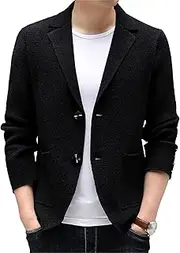 [SWJGLITTR] Men's Wool Blend Cable Cardigan Button Down Blazer Pockets Men Cardigans Lightweight Knitted Button Sweaters, Black, XXL
