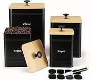 PERFNIQUE Kitchen Canisters, Canister Sets for Kitchen Counter, Farmhouse Kitchen Canisters for Countertop Set of 4, Coffee Tea Sugar Flour Spice Tin Jars Food Storage Container with Lid (Black)