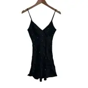 Zara Size XS Black Satin Pull Over Slinky Slip Rhinestone Dress
