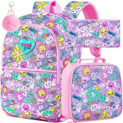 3 Piece Girls Backpack Set With Lunch Box 16.5 Inch Smile Face Waterproof