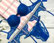 Victoria's Secret Bombshell Lace Push Up Bra Garter Shine Strap 3 piece Set Blue